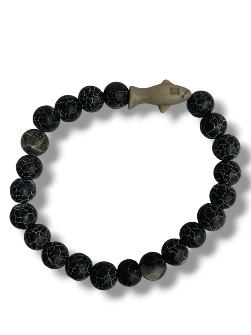 Set of 2 Black Beaded Stretch Bracelets Shark Spacers Acrylic