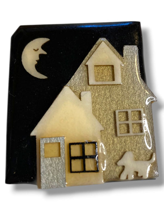 Vintage House Pins by Lucinda Brooch Halloween Black Moon 2" x 1.5"