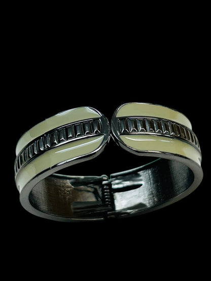Hinged Bangle Bracelet Pewter Color Enameled Taupe Gray 2.4" Inside Diameter