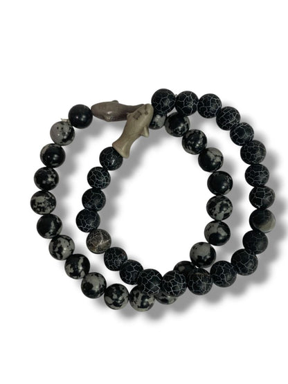 Set of 2 Black Beaded Stretch Bracelets Shark Spacers Acrylic