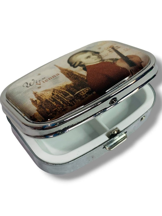 Mozart Wien Vienna Clasped Pill Box Compartments Mirror 2.25" x 1.75"