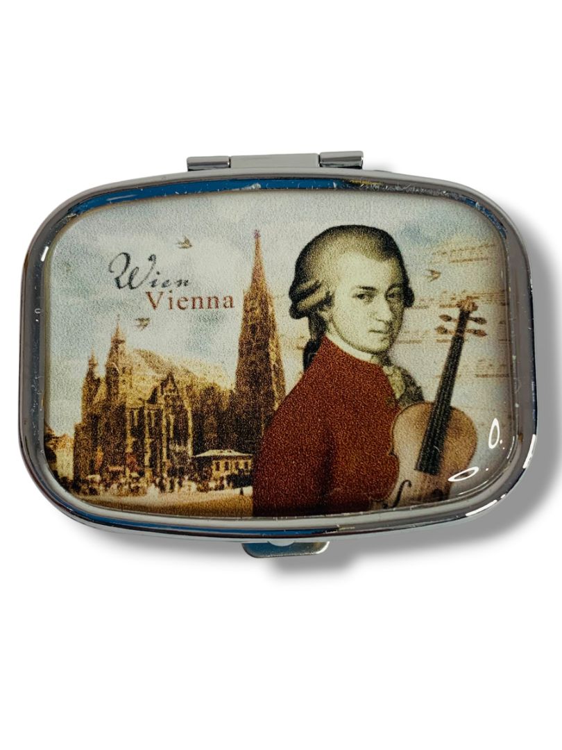 Mozart Wien Vienna Clasped Pill Box Compartments Mirror 2.25" x 1.75"