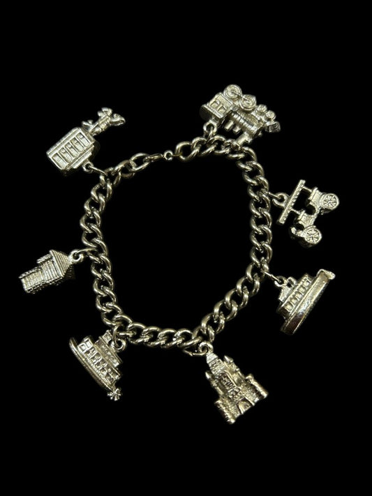Silvertone Charm Bracelet Travel Theme 6.5" Spring Clasp