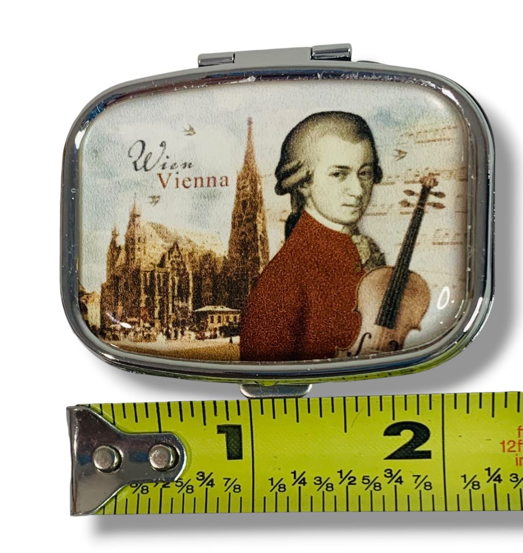 Mozart Wien Vienna Clasped Pill Box Compartments Mirror 2.25" x 1.75"
