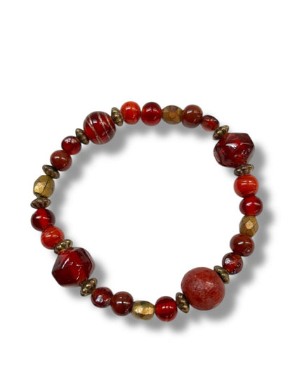 Acrylic Beaded Stretch Bracelet Shades of Red Goldtone