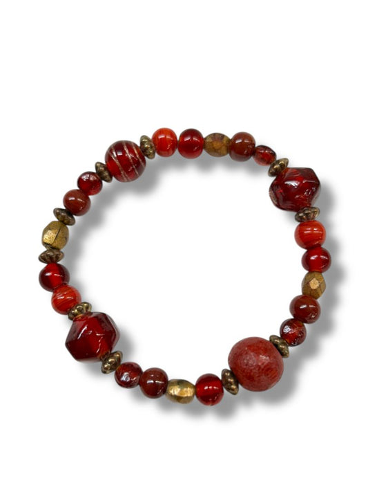 Acrylic Beaded Stretch Bracelet Shades of Red Goldtone