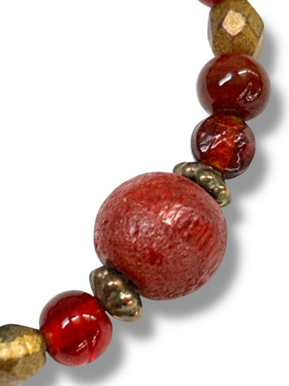 Acrylic Beaded Stretch Bracelet Shades of Red Goldtone
