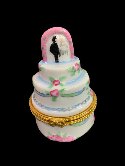 Porelain Hinged Trinket Ring Box Tiered Wedding Cake Bridal 3.2"h