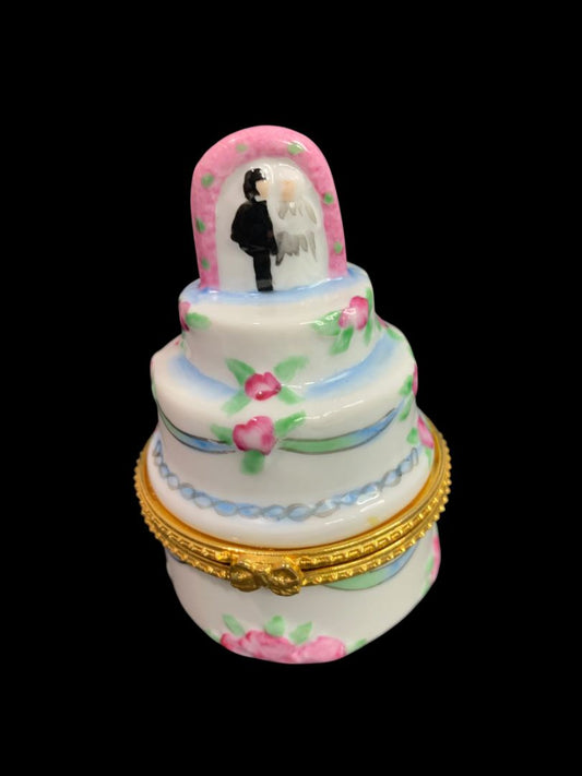 Porelain Hinged Trinket Ring Box Tiered Wedding Cake Bridal 3.2"h