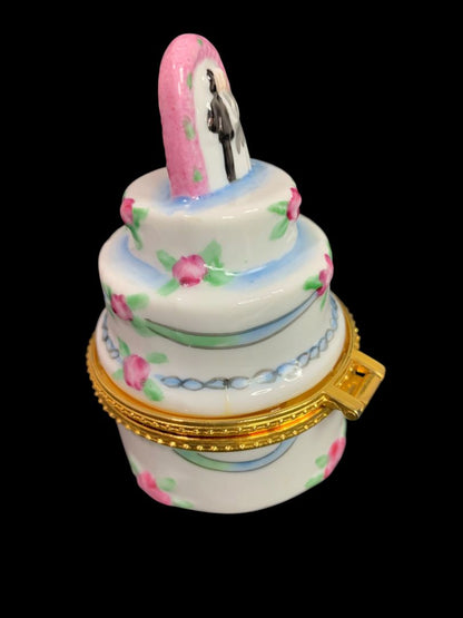 Porelain Hinged Trinket Ring Box Tiered Wedding Cake Bridal 3.2"h