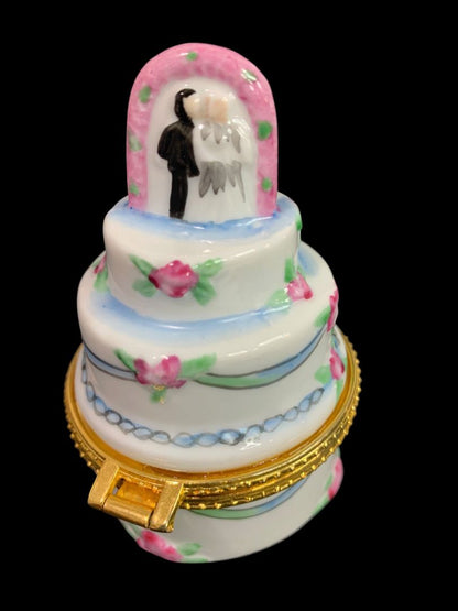 Porelain Hinged Trinket Ring Box Tiered Wedding Cake Bridal 3.2"h