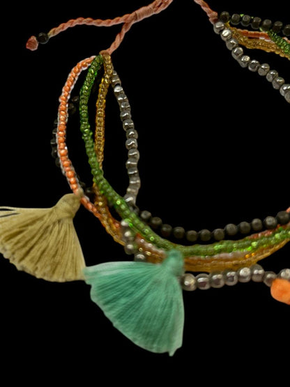 Multicolor Seed Bead Adjustable Pull Bracelet Tassels Boho