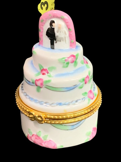 Porelain Hinged Trinket Ring Box Tiered Wedding Cake Bridal 3.2"h