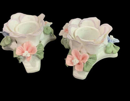 Floral Porcelain Capodimonte Style Taper Candle Holders White Pink Purple