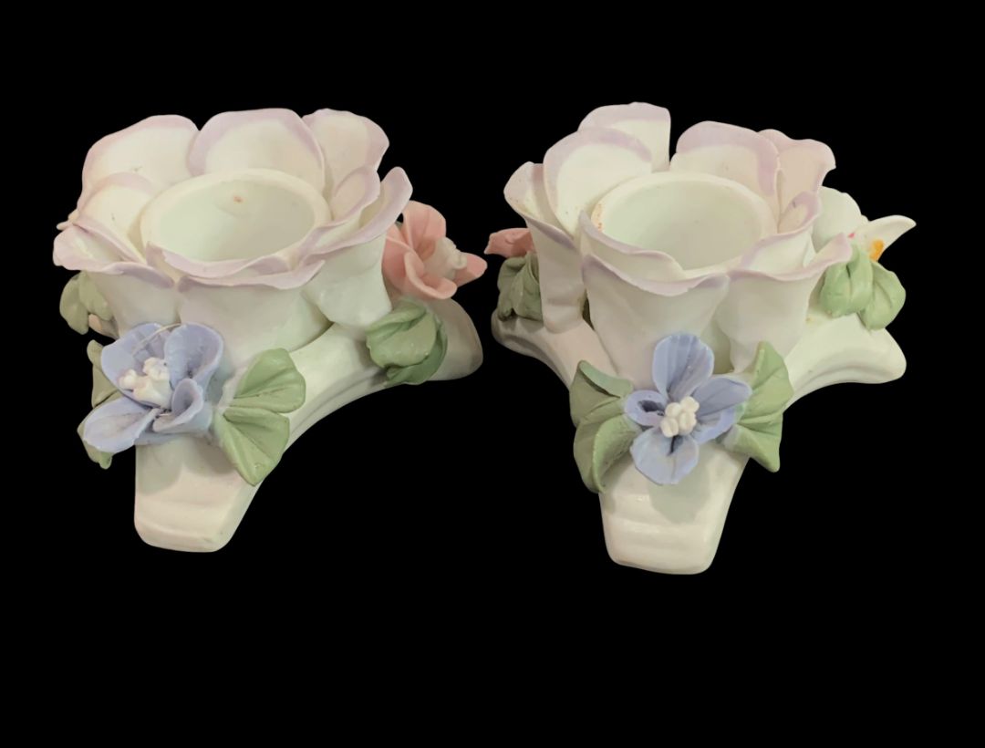 Floral Porcelain Capodimonte Style Taper Candle Holders White Pink Purple