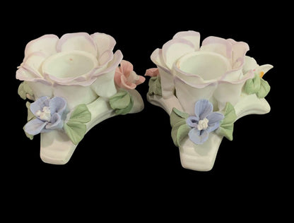 Floral Porcelain Capodimonte Style Taper Candle Holders White Pink Purple