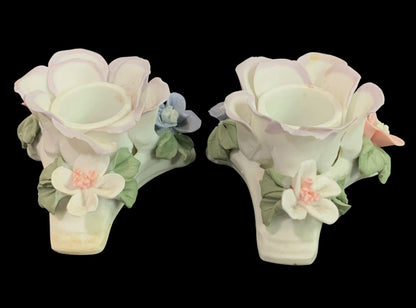 Floral Porcelain Capodimonte Style Taper Candle Holders White Pink Purple