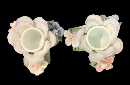 Floral Porcelain Capodimonte Style Taper Candle Holders White Pink Purple