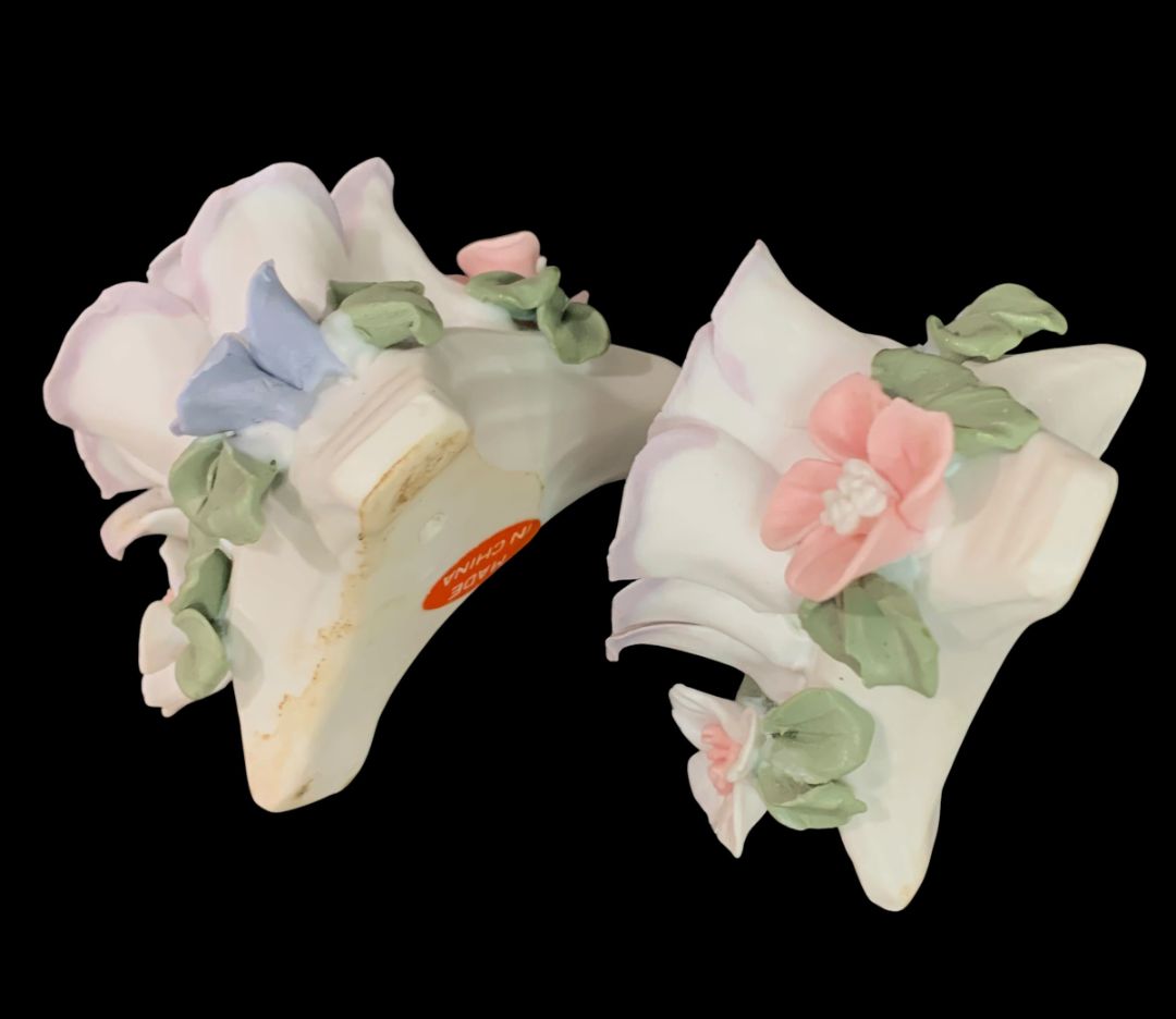 Floral Porcelain Capodimonte Style Taper Candle Holders White Pink Purple