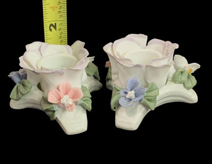 Floral Porcelain Capodimonte Style Taper Candle Holders White Pink Purple