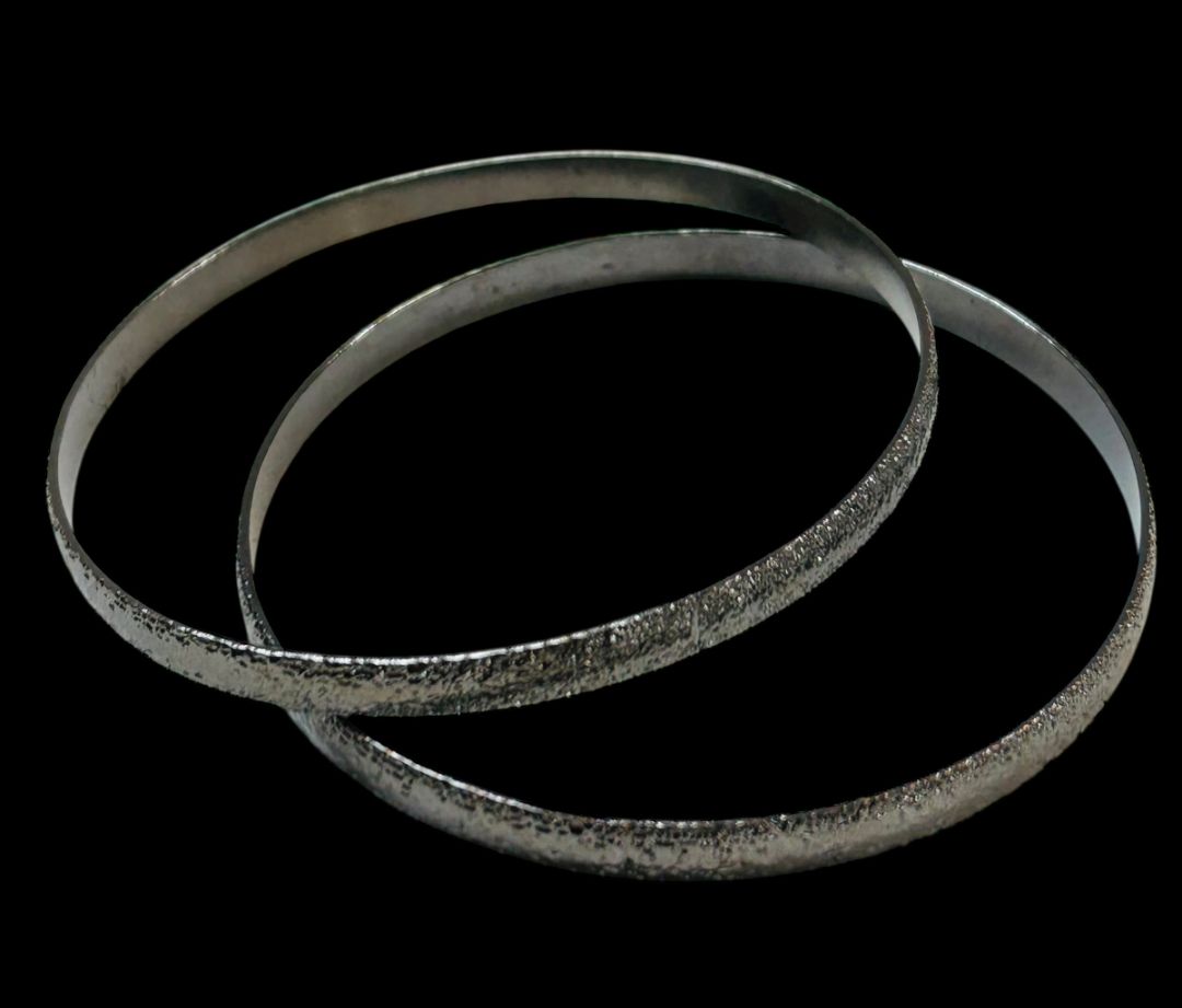 Set of 2 Dark Silvertone Bangle Bracelets Textured 2.7" Inside Diameter