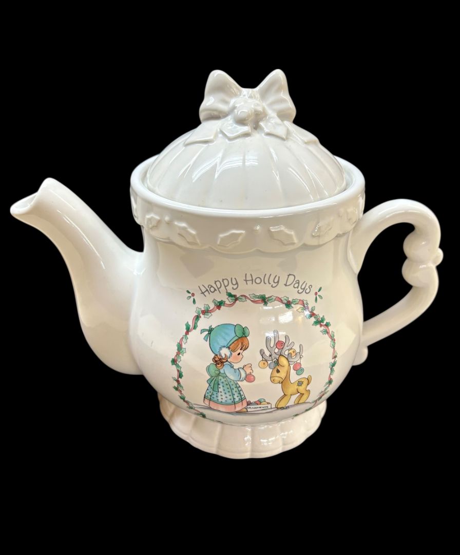 1994 Enesco Precious Moments Ceramic Teapot Happy Holly Days Holiday Christmas
