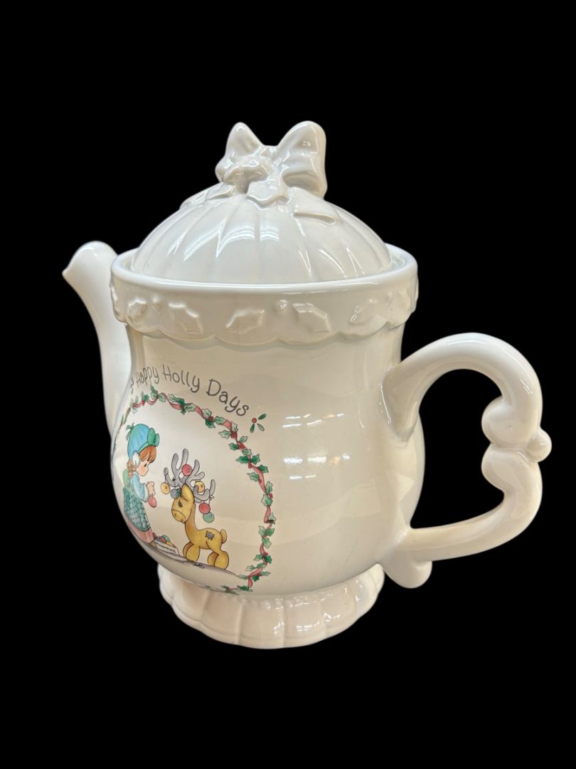 1994 Enesco Precious Moments Ceramic Teapot Happy Holly Days Holiday Christmas