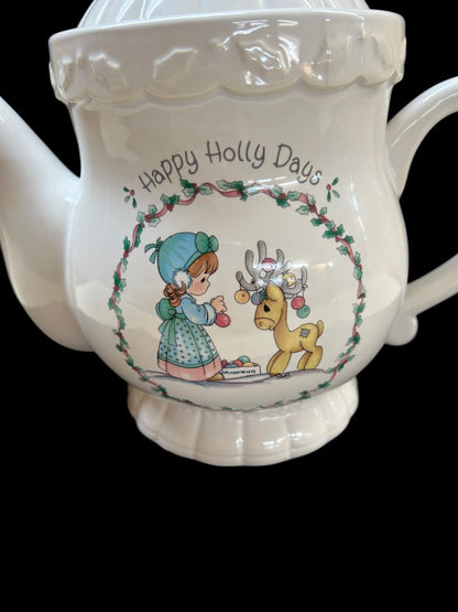1994 Enesco Precious Moments Ceramic Teapot Happy Holly Days Holiday Christmas