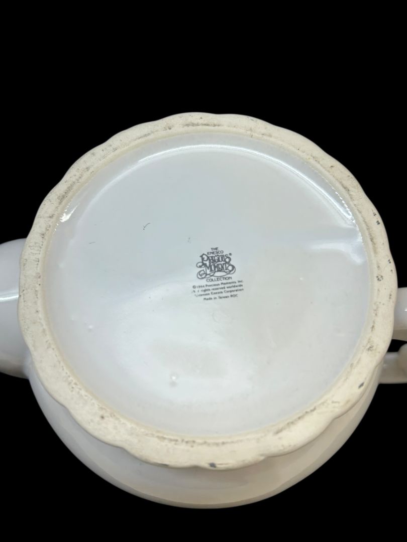 1994 Enesco Precious Moments Ceramic Teapot Happy Holly Days Holiday Christmas