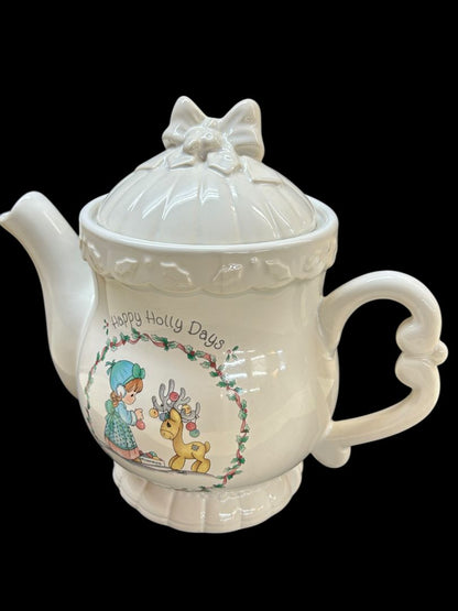 1994 Enesco Precious Moments Ceramic Teapot Happy Holly Days Holiday Christmas