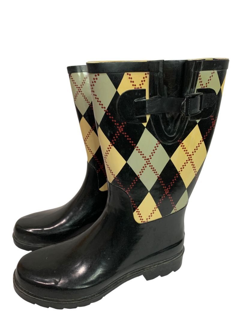 Size 7.5 Rasolli Womens Argyle Rain Boots Pull On Black