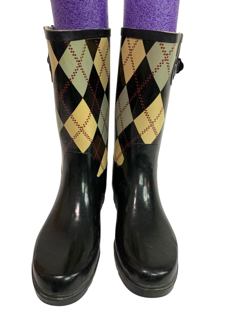Size 7.5 Rasolli Womens Argyle Rain Boots Pull On Black