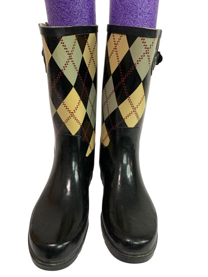 Size 7.5 Rasolli Womens Argyle Rain Boots Pull On Black
