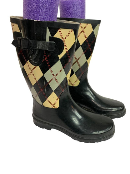 Size 7.5 Rasolli Womens Argyle Rain Boots Pull On Black