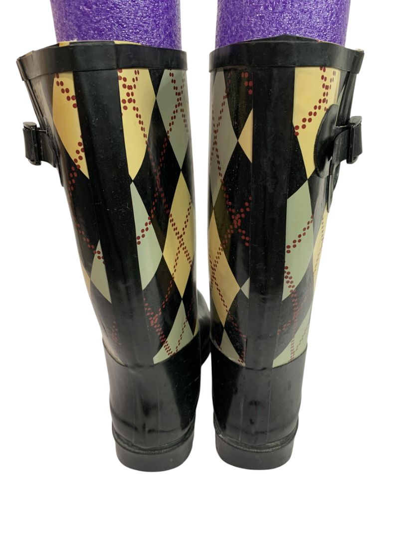 Size 7.5 Rasolli Womens Argyle Rain Boots Pull On Black