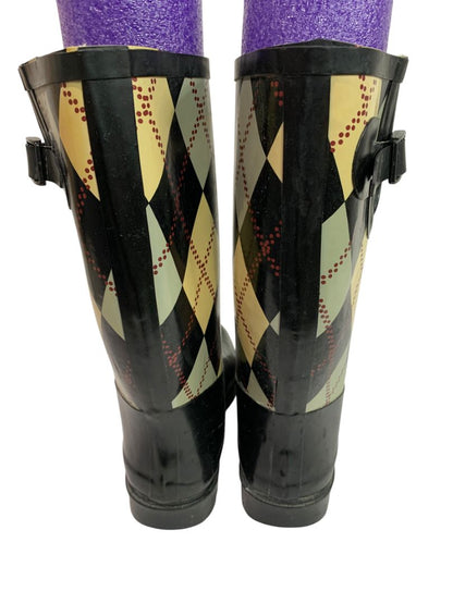 Size 7.5 Rasolli Womens Argyle Rain Boots Pull On Black