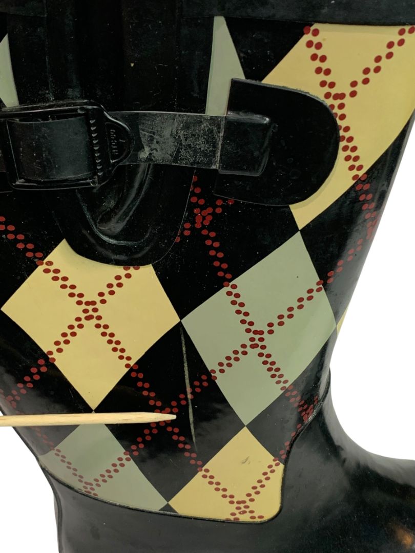 Size 7.5 Rasolli Womens Argyle Rain Boots Pull On Black