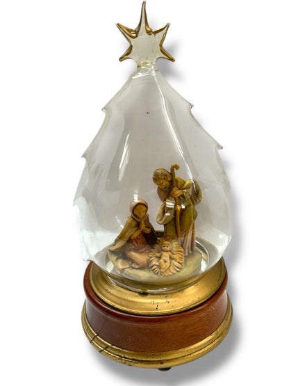 O Holy Night Music Box Nativity Wooden Base 7.25"h Works Well