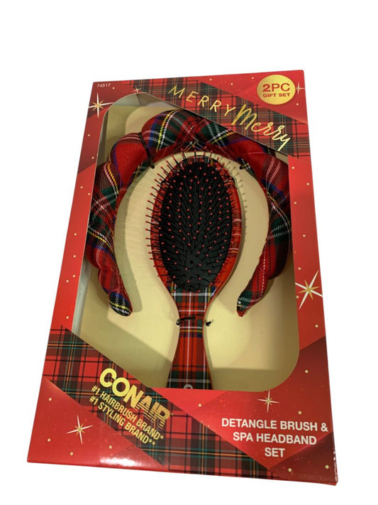 Conair Spa Tartan Headband and Detangle Cushion Brush Set New