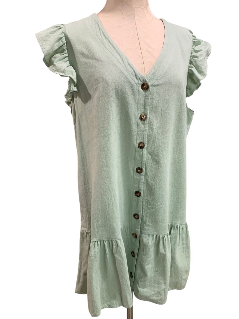 Size XL Button Up Cotton Dress Light Green Ruffle Hem Sleeve V-Neck