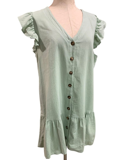 Size XL Button Up Cotton Dress Light Green Ruffle Hem Sleeve V-Neck