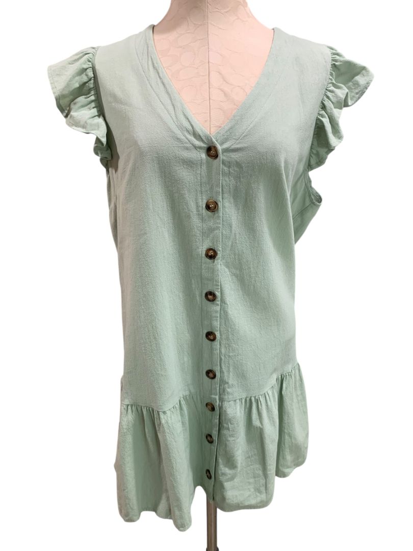 Size XL Button Up Cotton Dress Light Green Ruffle Hem Sleeve V-Neck