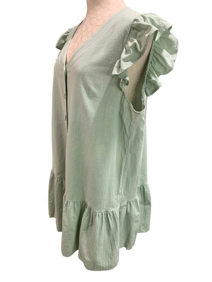 Size XL Button Up Cotton Dress Light Green Ruffle Hem Sleeve V-Neck