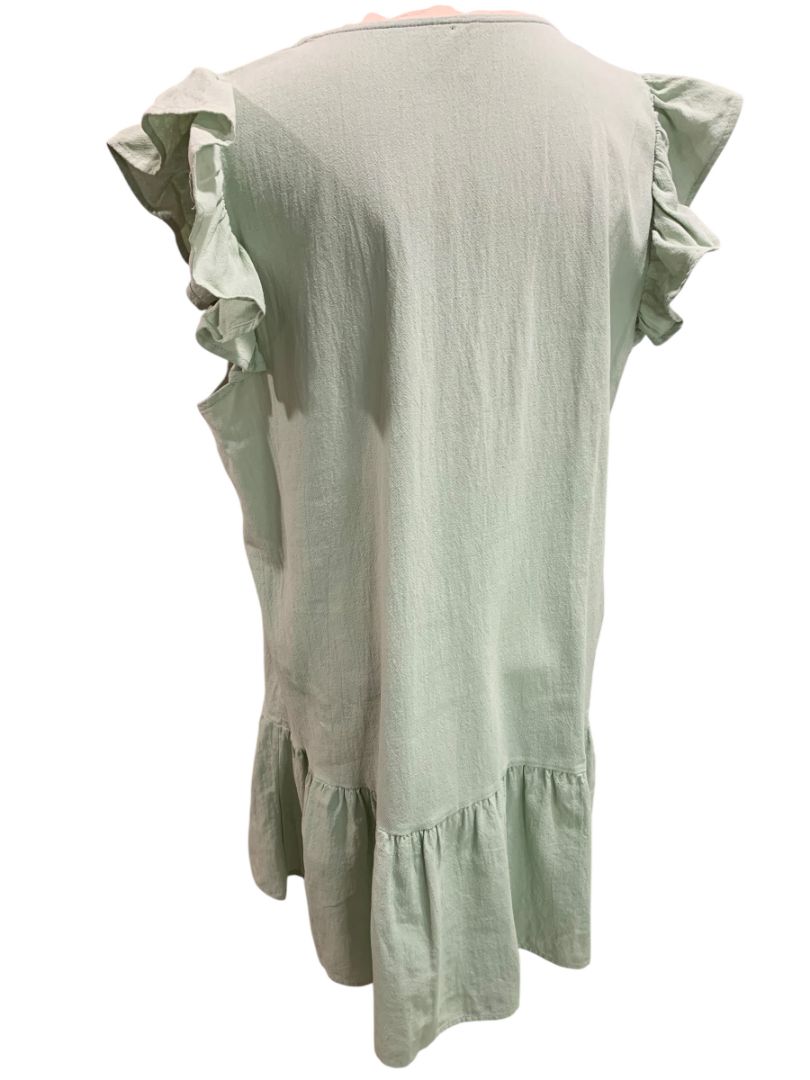 Size XL Button Up Cotton Dress Light Green Ruffle Hem Sleeve V-Neck