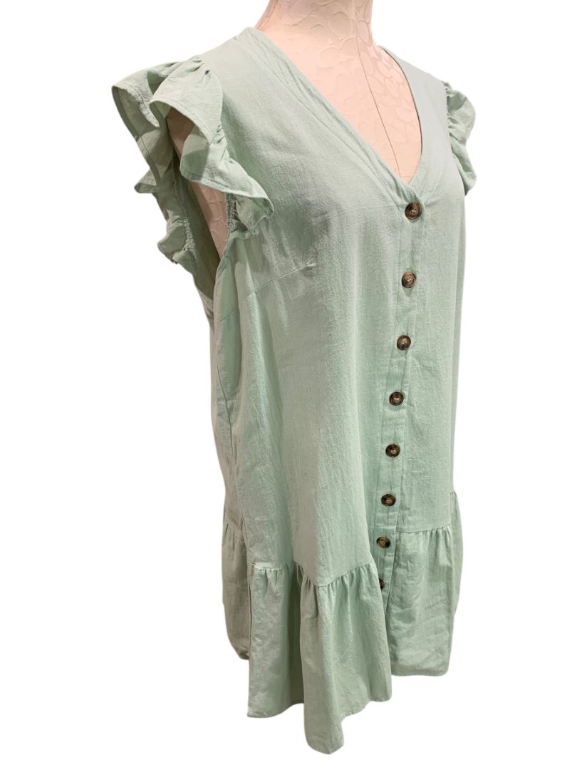 Size XL Button Up Cotton Dress Light Green Ruffle Hem Sleeve V-Neck