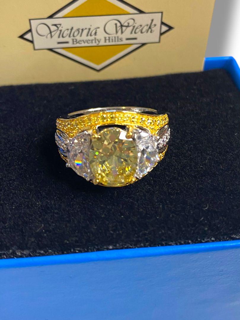 Size 6.5 Victoria Wieck PAJ Vermeil Yellow & Clear CZ Three Stone Cocktail Ring in Box