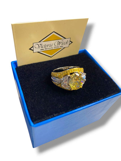 Size 6.5 Victoria Wieck PAJ Vermeil Yellow & Clear CZ Three Stone Cocktail Ring in Box