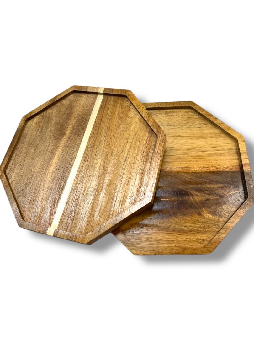 Set of 2 Octagonal Wood Trays Centerpiece Stand Serving 10"