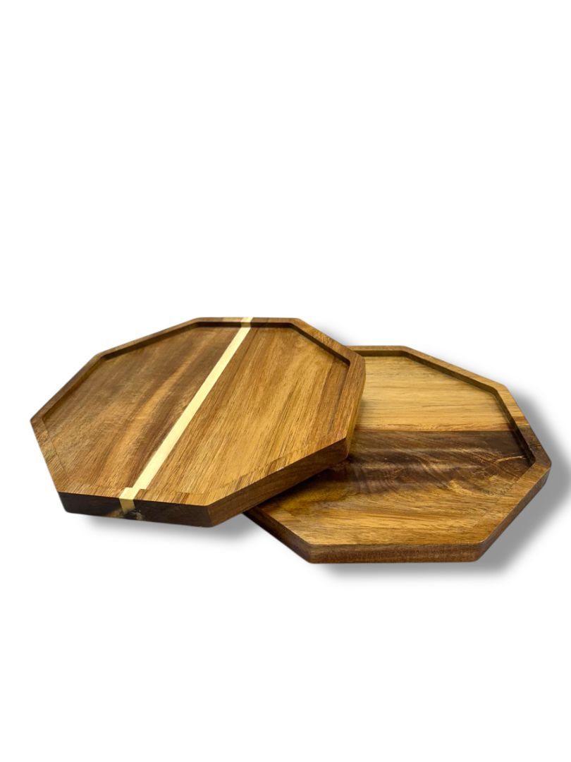 Set of 2 Octagonal Wood Trays Centerpiece Stand Serving 10"
