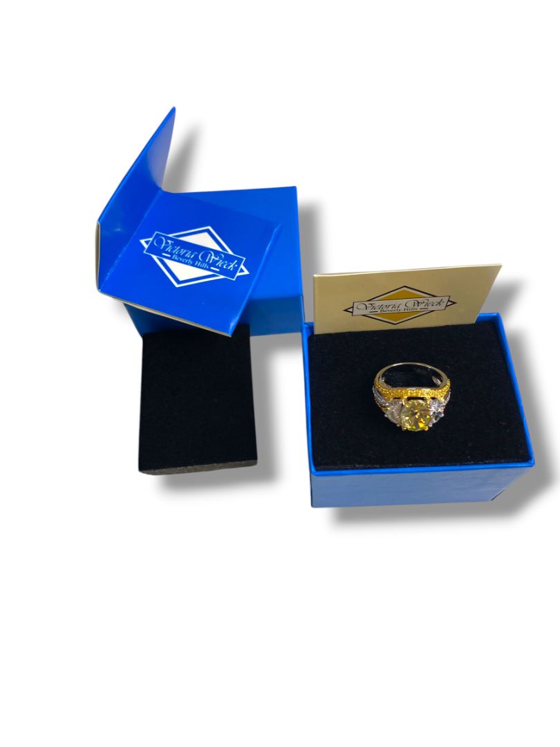 Size 6.5 Victoria Wieck PAJ Vermeil Yellow & Clear CZ Three Stone Cocktail Ring in Box
